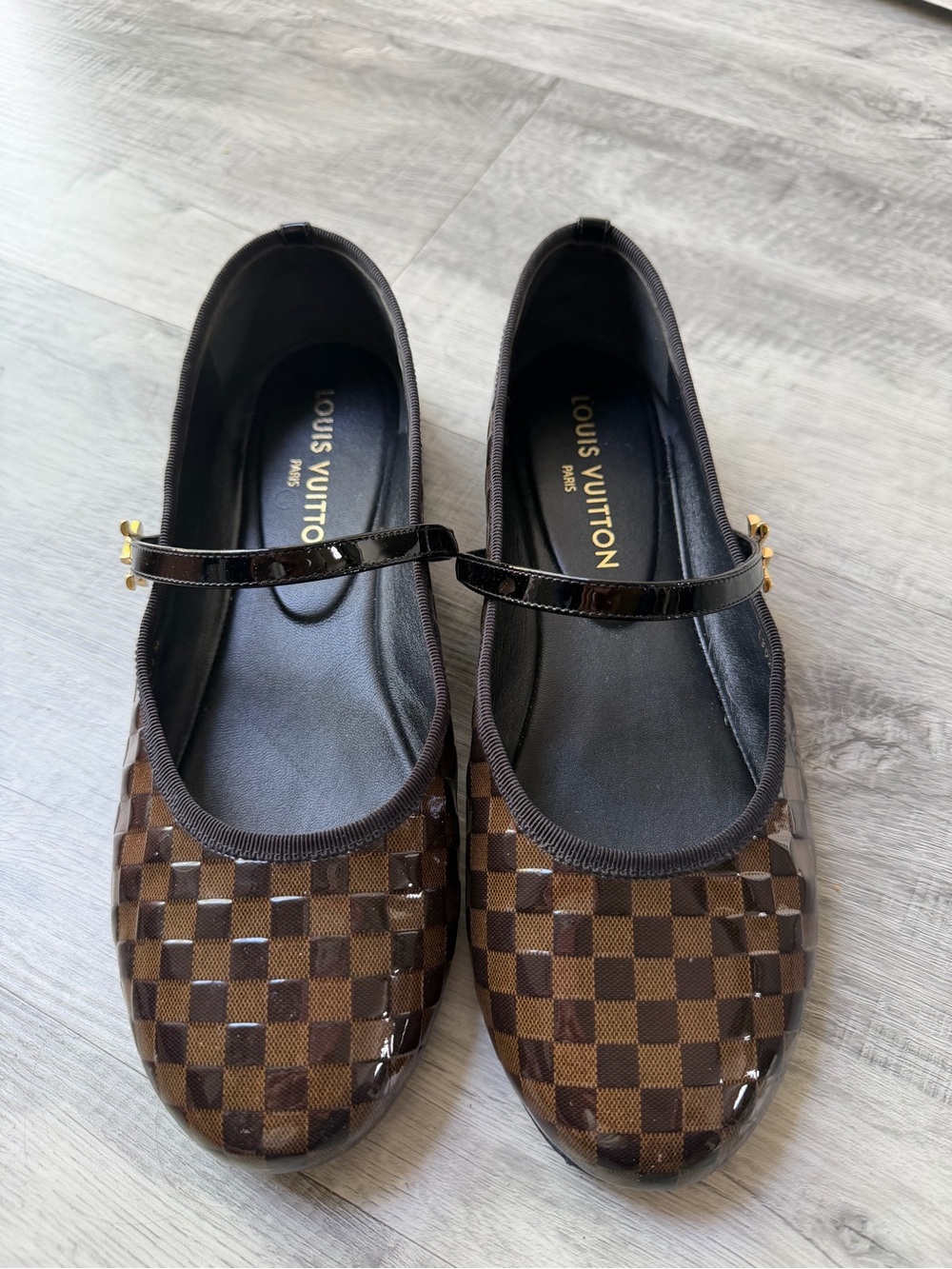Louis Vuitton Brown Damier Patent Mary Jane Flats with Black Strap